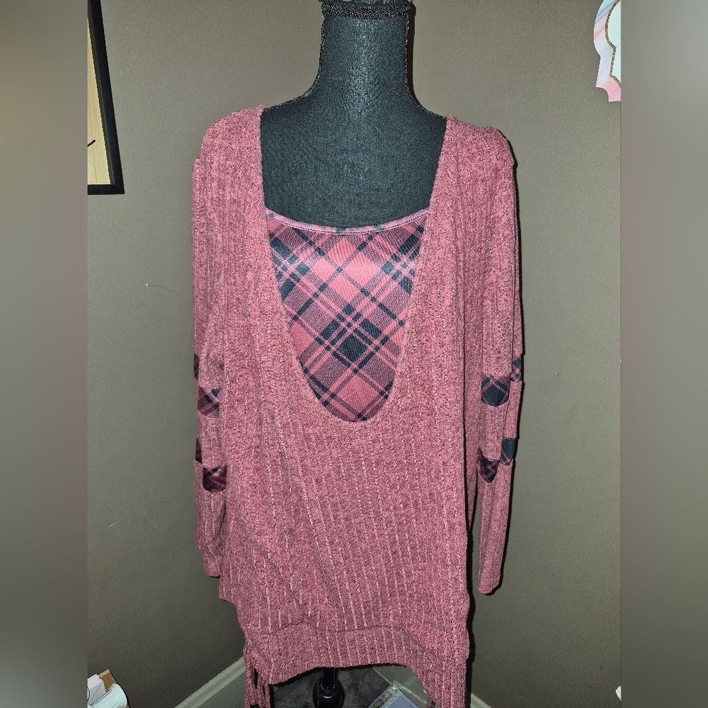 SHEIN Rose Pink Scoop Neck Layered Plaid Accent Sweater
